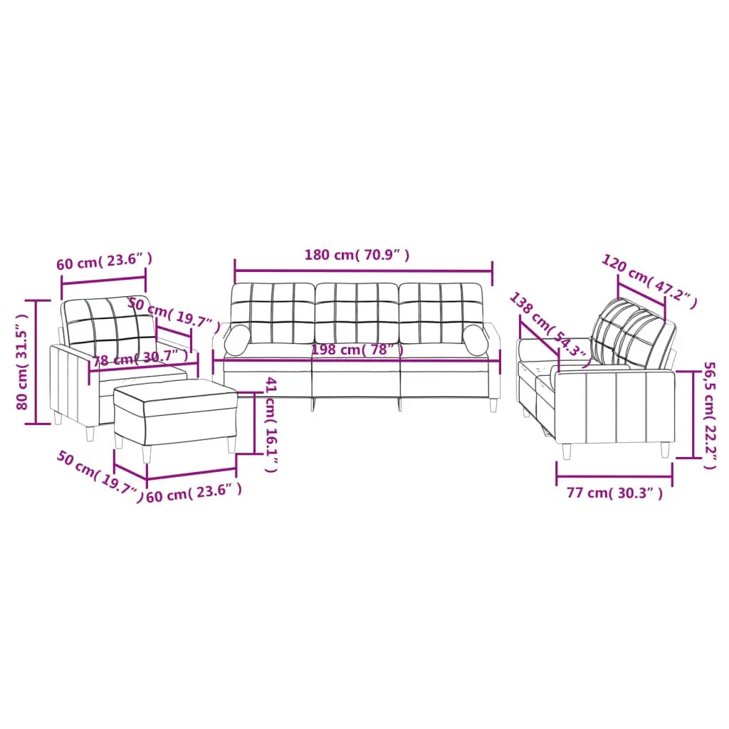 4 Piece Sofa Set Black Fabric Lounge with Pillows Ottoman Footstool Living Room