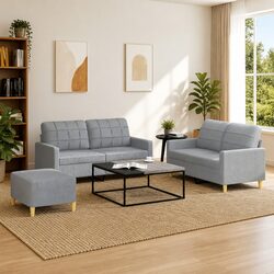 3 Piece Sofa Set with Footstool Grey Fabric Couch Living Room Furniture Cushions