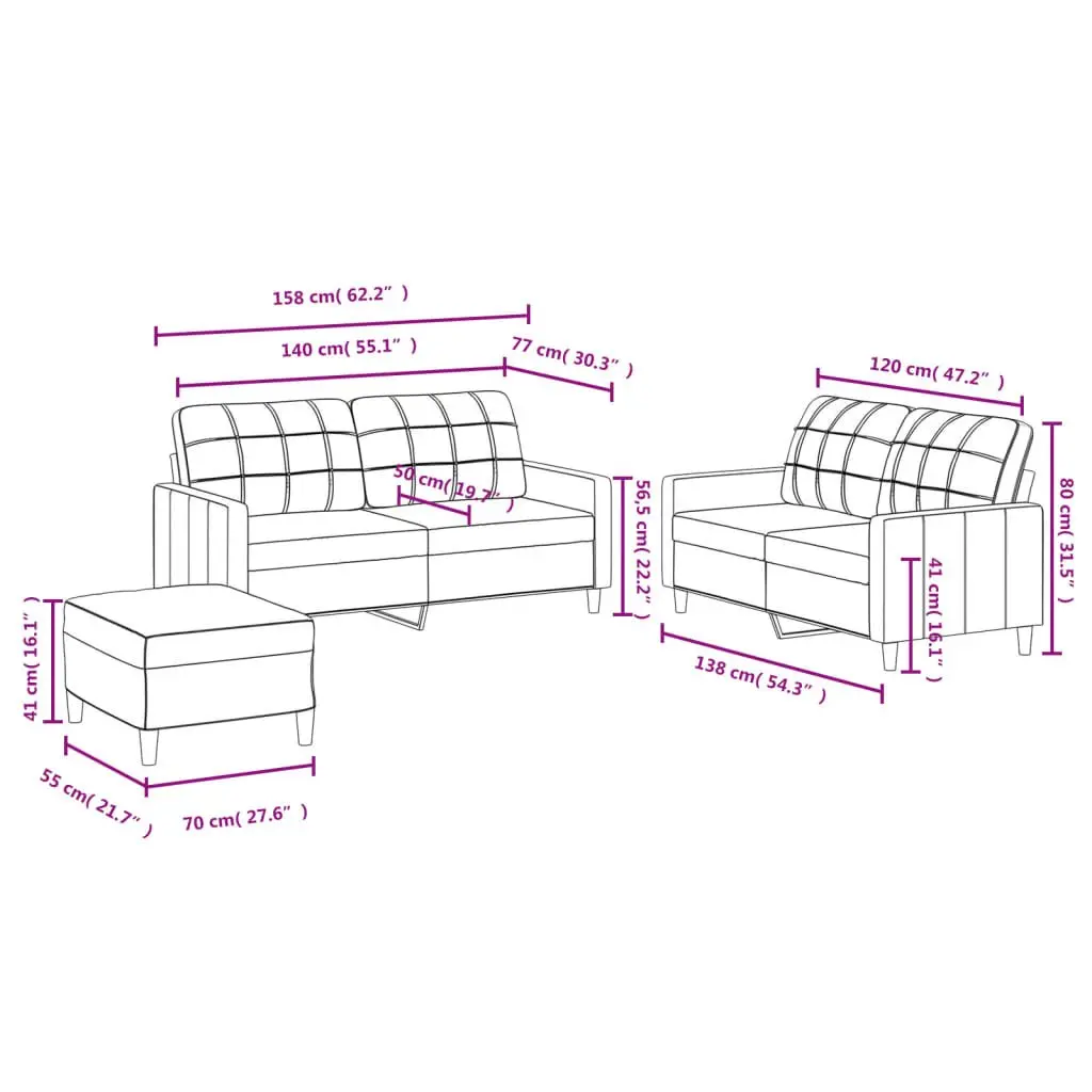 Sofa Set Grey Fabric 3 Piece Durable Construction Thickly Padded Seating Footstool
