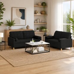 2 Piece Sofa Set Black Fabric Couch Lounge Seating with Throw Pillows Home