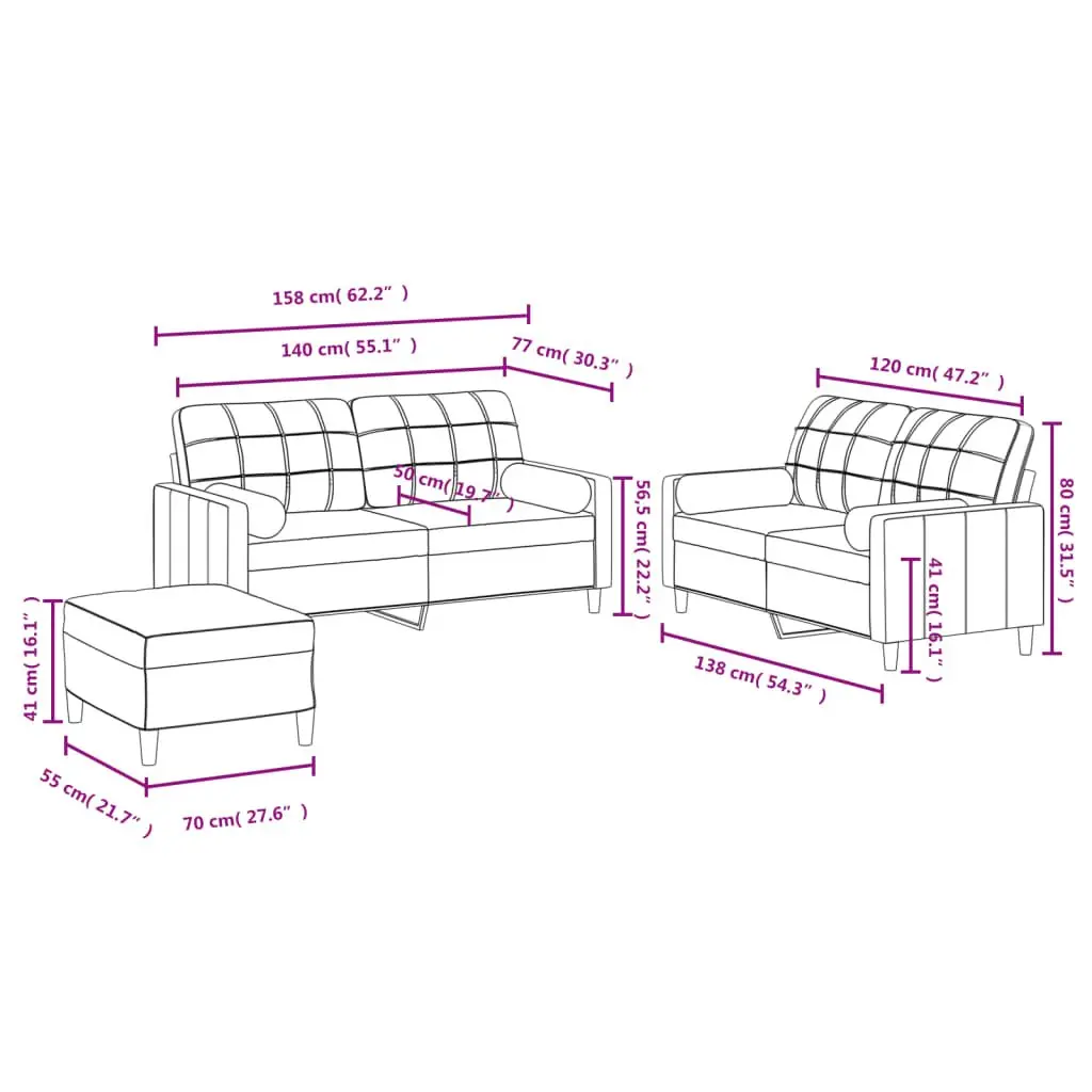3 Piece Sofa Set Grey Fabric Couch with Pillows Footstool Living Room Seating