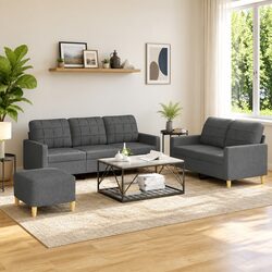 Compact 3 Piece Grey Sofa Set with Footstool