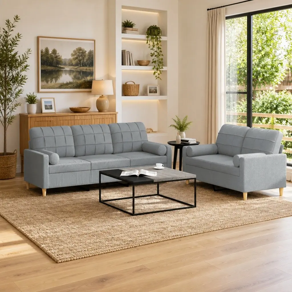 Sofa Set Grey Fabric 2 Piece Durable Lounge Suite Couch with Pillows