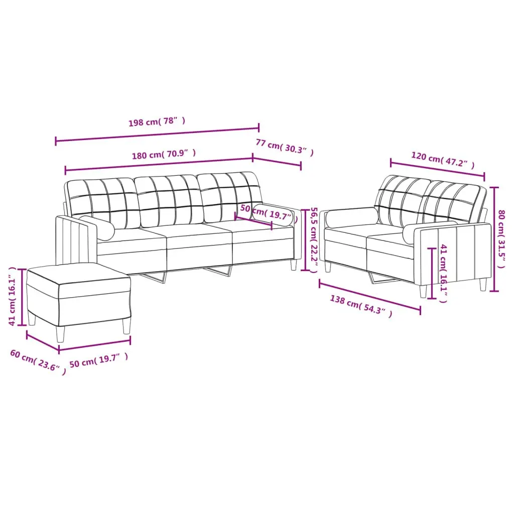 3 Piece Sofa Set with Roll Pillows Footstool Grey Fabric Living Room Furniture