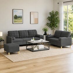 3 Piece Grey Fabric Lounge Set with Pillows & Stool