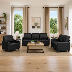 Compact 3 Piece Sofa Set in Black Faux Leather