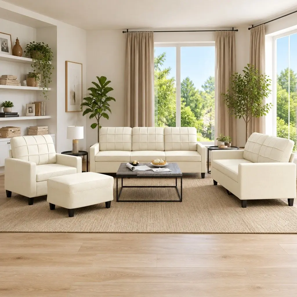 4 Piece Sofa Set with Cushions Cream Faux Leather Living Room Furniture