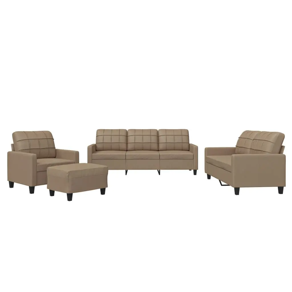 4 Piece Sofa Set with Cushions Footstool Brown Faux Leather Living Room