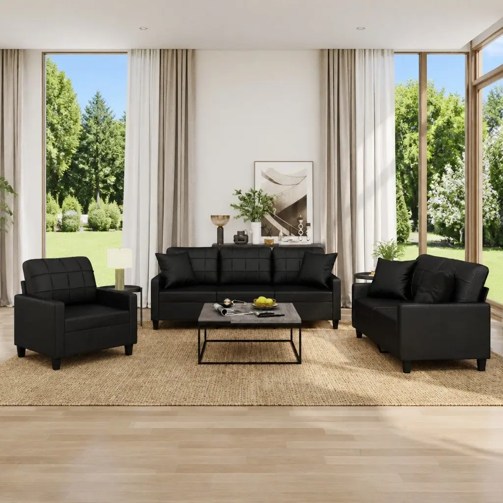 Sofa Set Black Faux Leather 3 Piece Durable Construction with Throw Pillows