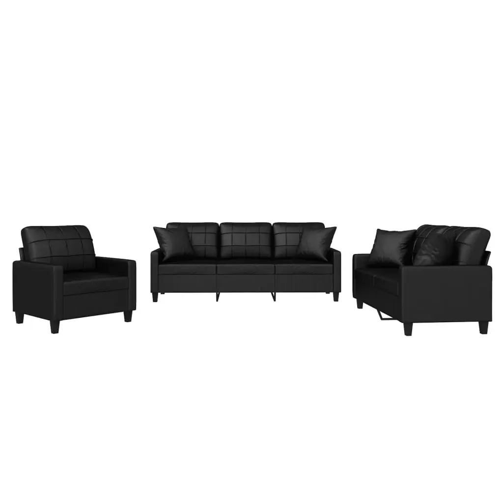 Sofa Set Black Faux Leather 3 Piece Durable Construction with Throw Pillows