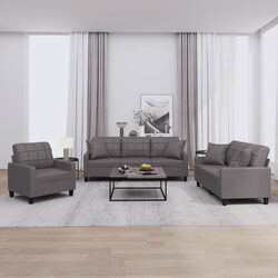 3 Piece Sofa Set Grey Faux Leather Couch with Throw Pillows Living Room