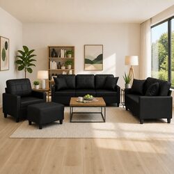 Compact 4 Piece Black Sofa Set with Easy Maintenance