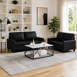 2 Piece Sofa Set with Cushions Black Faux Leather Living Room Seating Furniture