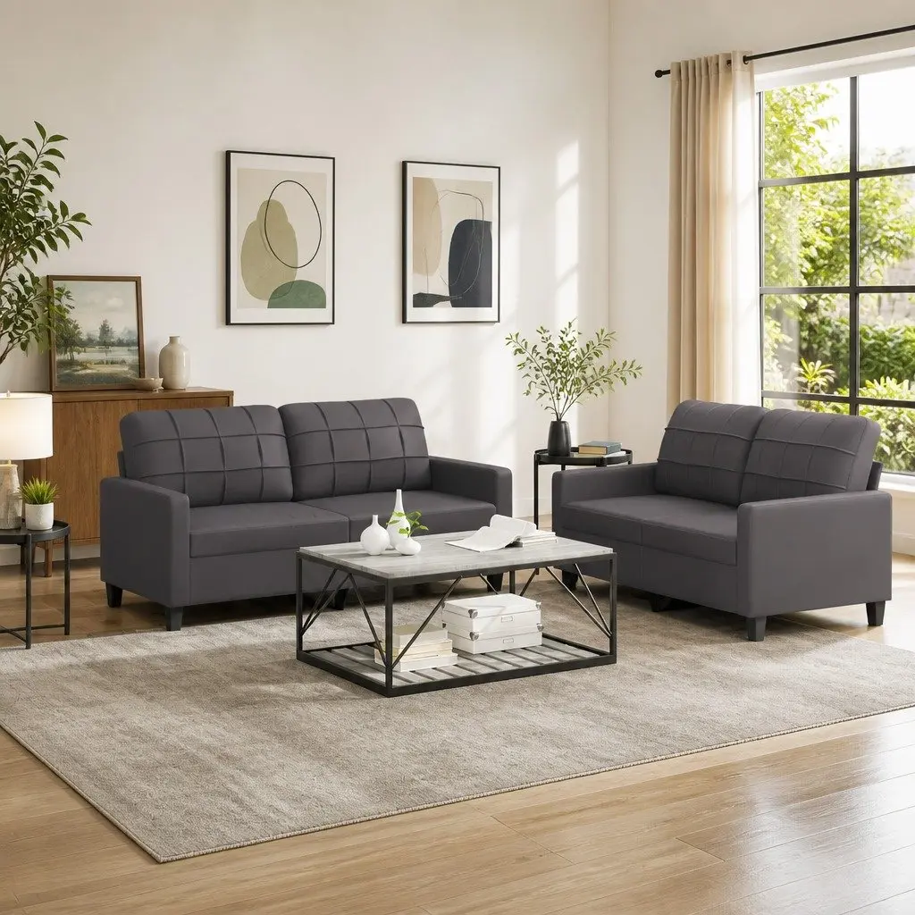 2 Piece Sofa Set Grey Faux Leather Living Room Furniture Seating Sectional Couch