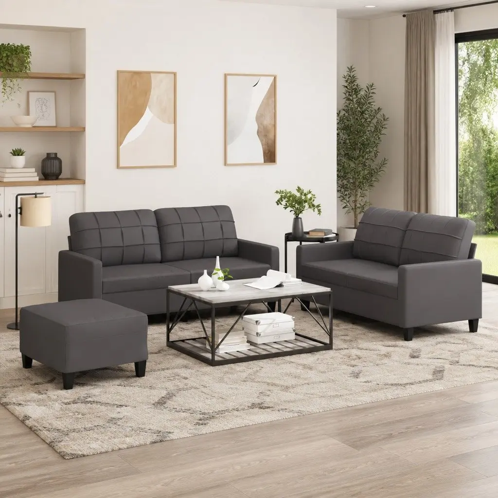 3 Piece Compact Sofa Set Grey Faux Leather with Cushions and Footstool for Living Room Furniture