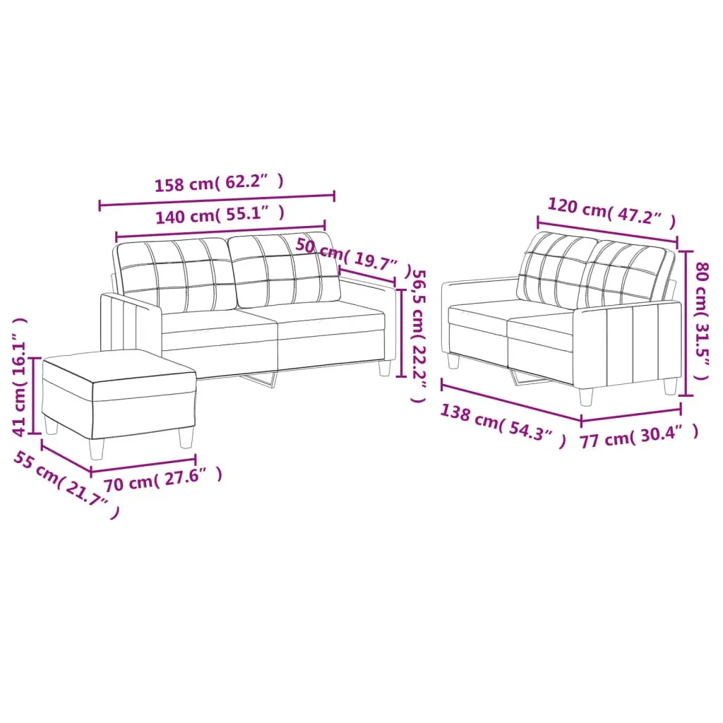 3 Piece Compact Sofa Set Grey Faux Leather with Cushions and Footstool for Living Room Furniture