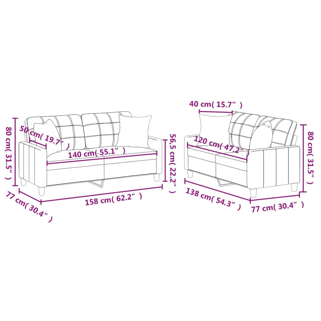 2 Piece Sofa Set Black Faux Leather Durable Upholstery with Throw Pillows