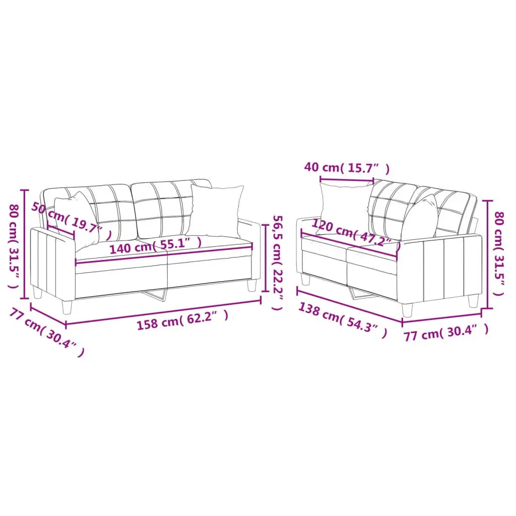 2 Piece Sofa Set Grey Faux Leather Couch Lounge Suite with Throw Pillows