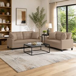 2 Piece Sofa Set Brown Faux Leather Lounge Couch with Throw Pillows