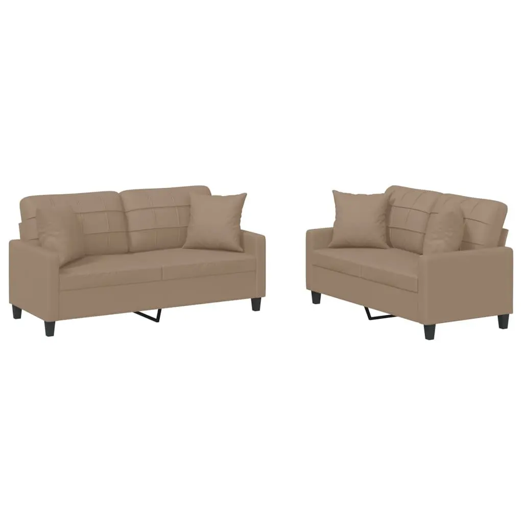 2 Piece Sofa Set Brown Faux Leather Durable Upholstery with Throw Pillows