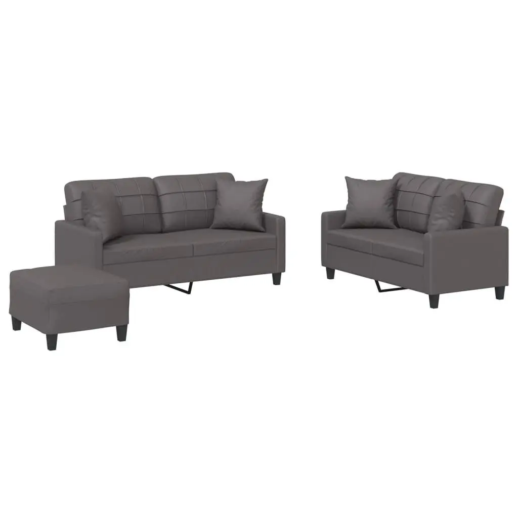 3 Piece Sofa Set with Throw Pillows and Footstool Grey Faux Leather Lounge