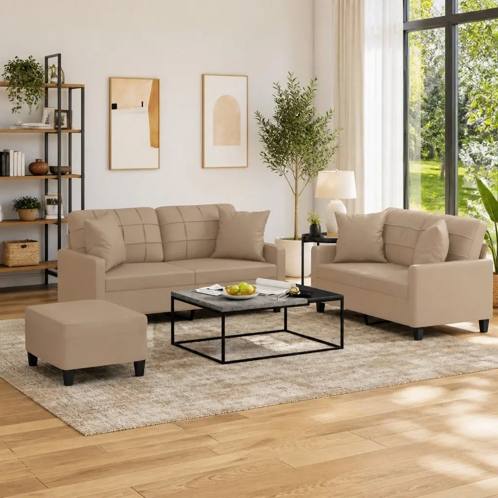 3 Piece Compact Sofa Set Brown Faux Leather with Footstool and Throw Pillows for Living Room