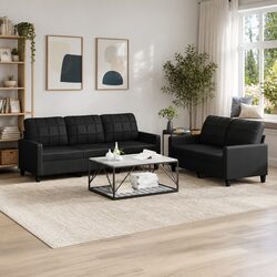 2 Piece Sofa Set Black Faux Leather Living Room Furniture Seating with Cushions