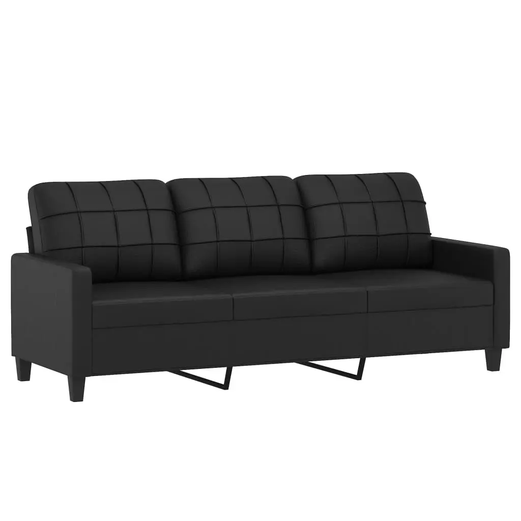 3 Piece Sofa Set with Footstool Cushions Black Faux Leather Living Room