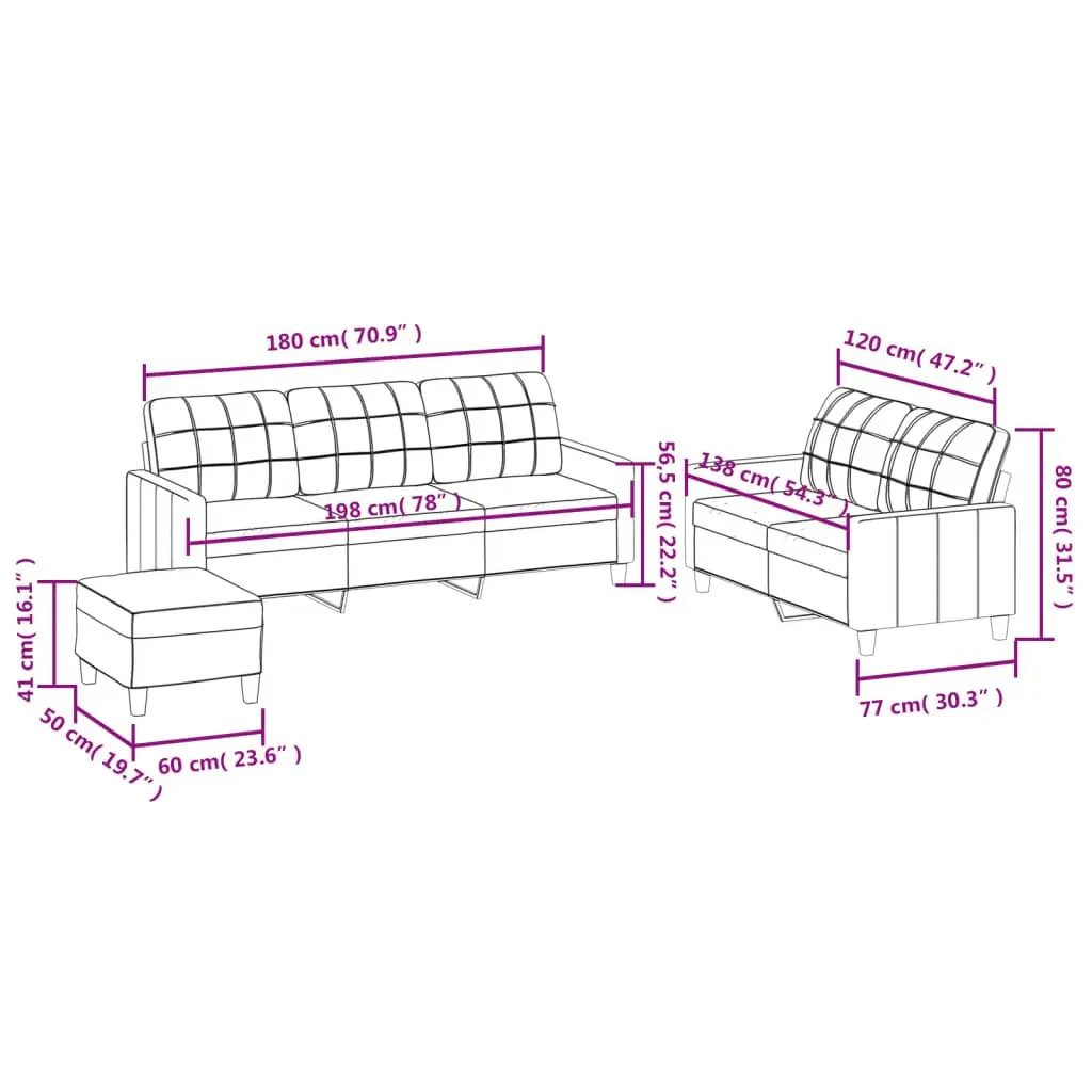 3 Piece Sofa Set with Footstool Cushions Black Faux Leather Living Room
