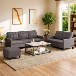 3 Piece Sofa Set with Footstool Grey Faux Leather Living Room Furniture Seating