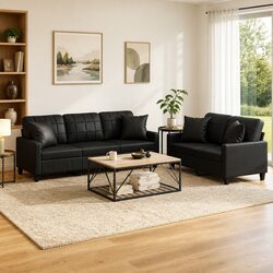 Concise and Stylish Black Faux Leather Sofa Set