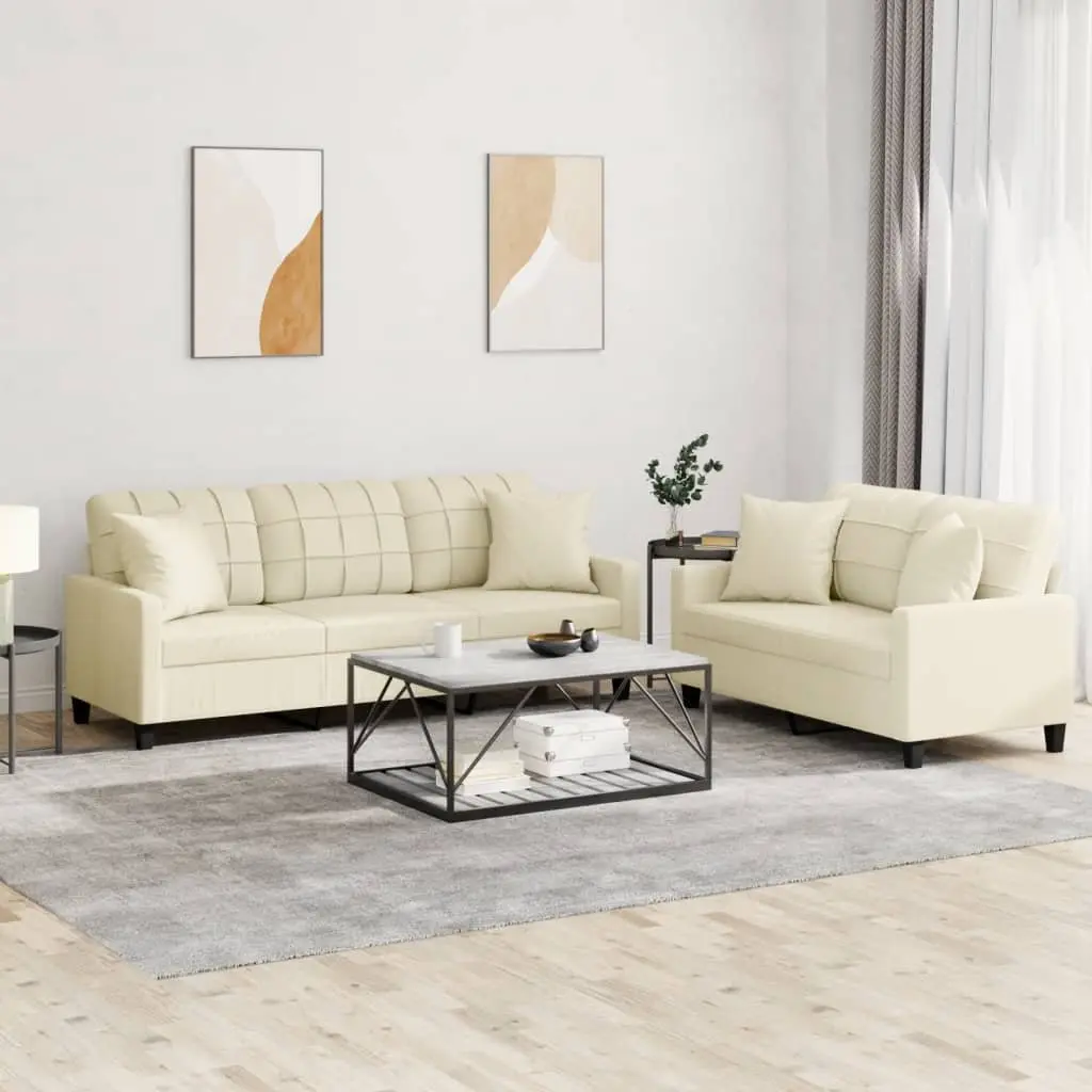 2 Piece Sofa Set Cream Faux Leather Durable Stain Resistant Lounge Suite Couch