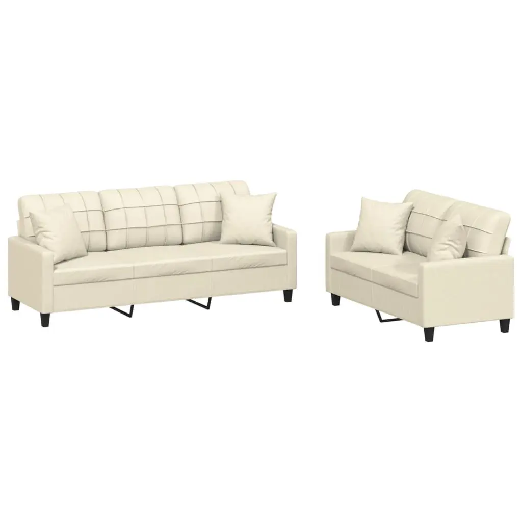 2 Piece Sofa Set Cream Faux Leather Durable Stain Resistant Lounge Suite Couch
