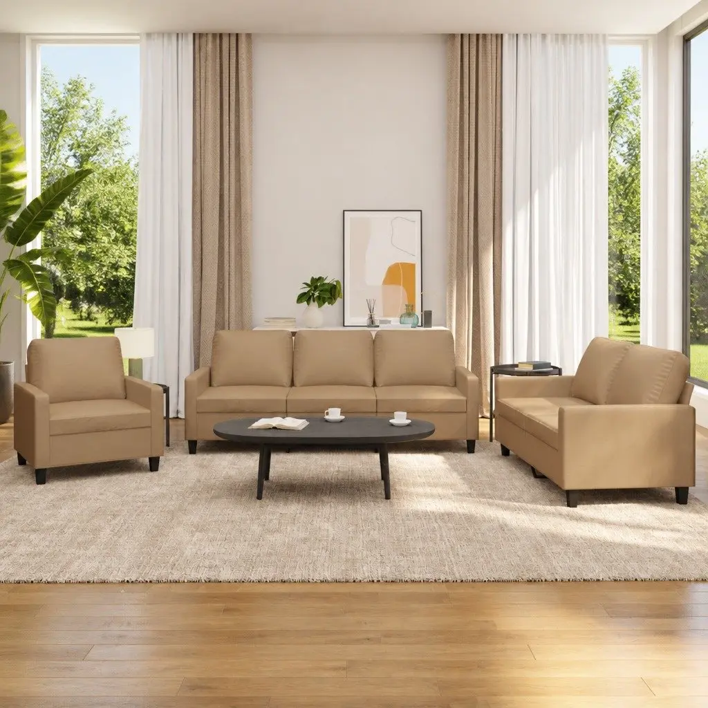 3 Piece Sofa Set Living Room Furniture Brown Faux Leather Sectional Couch