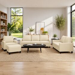 4-Piece Sofa Set with Cushions in Cream Faux Leather