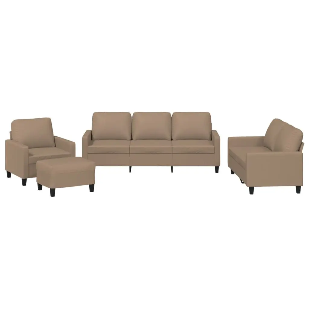 4 Piece Sofa Set with Footstool Cushions Brown Faux Leather Living Room