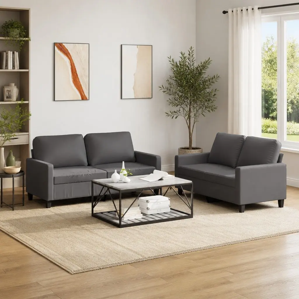 2 Piece Sofa Set Grey Faux Leather Living Room Furniture Sturdy Frame Cushions