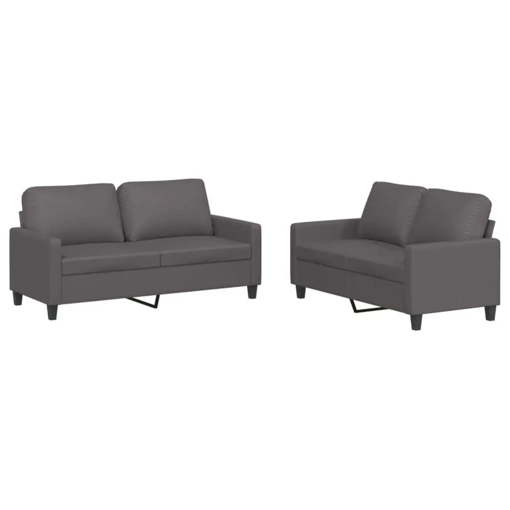 2 Piece Sofa Set Grey Faux Leather Living Room Furniture Sturdy Frame Cushions