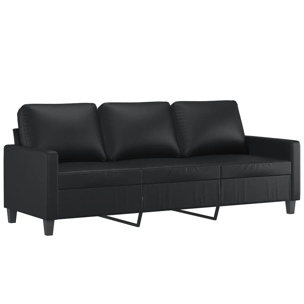 3 Piece Sofa Set with Footstool Cushions Black Faux Leather Living Room