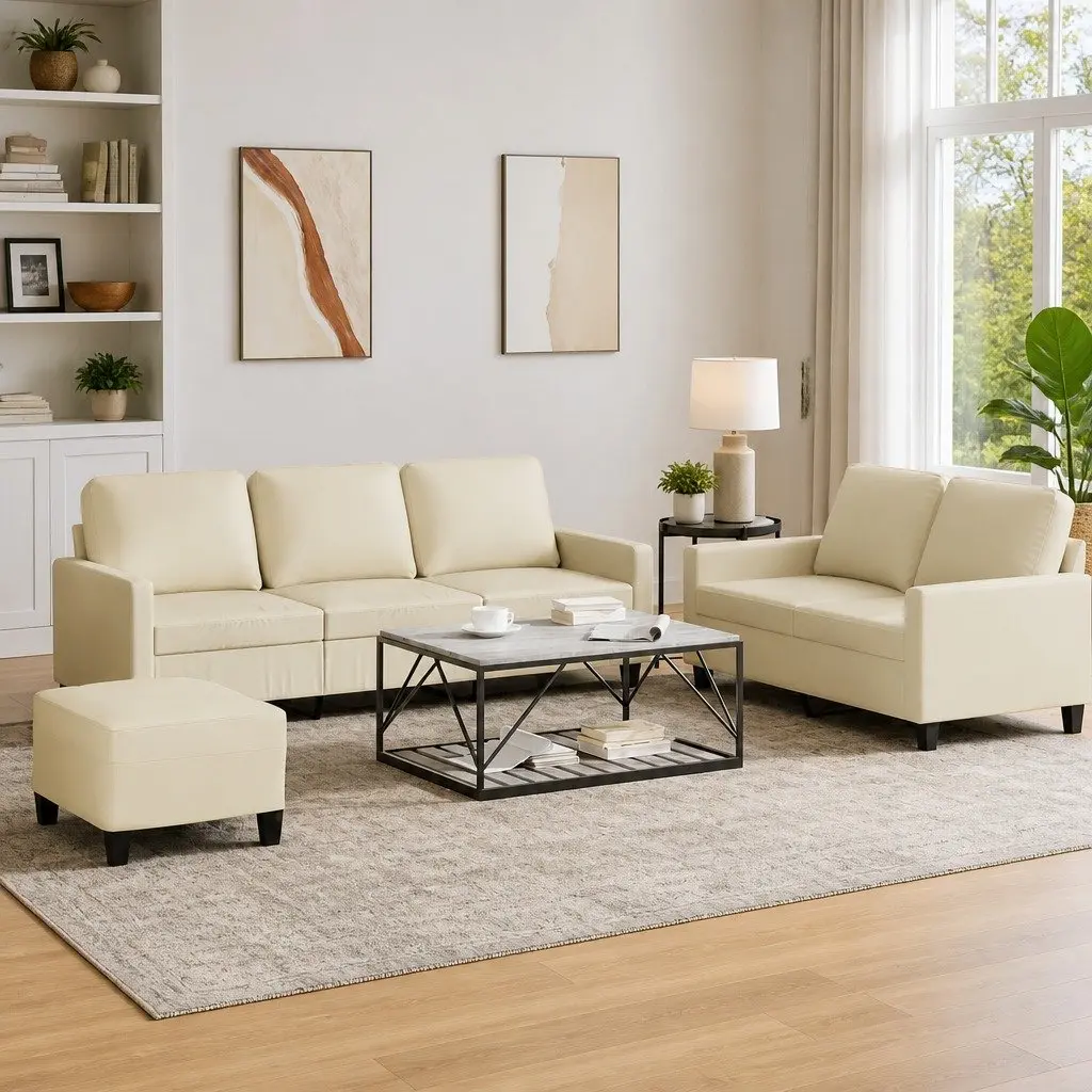 3 Piece Sofa Set with Footstool Cream Faux Leather Living Room Furniture Seating
