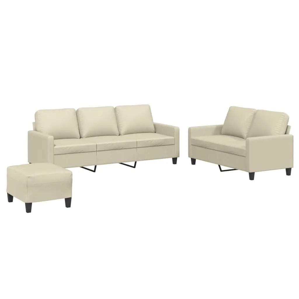 3 Piece Sofa Set with Footstool Cream Faux Leather Living Room Furniture Seating
