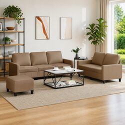 Compact & Stylish 3 Piece Sofa Set in Brown Faux Leather