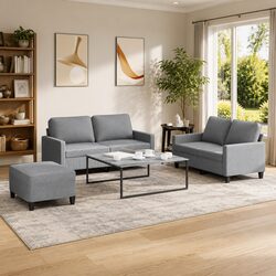 Concise 3 Piece Sofa Set with Footstool in Grey Fabric
