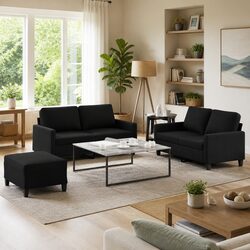 Black Fabric Sofa Set 3-Piece Living Room Furniture with Cushions and Footstool