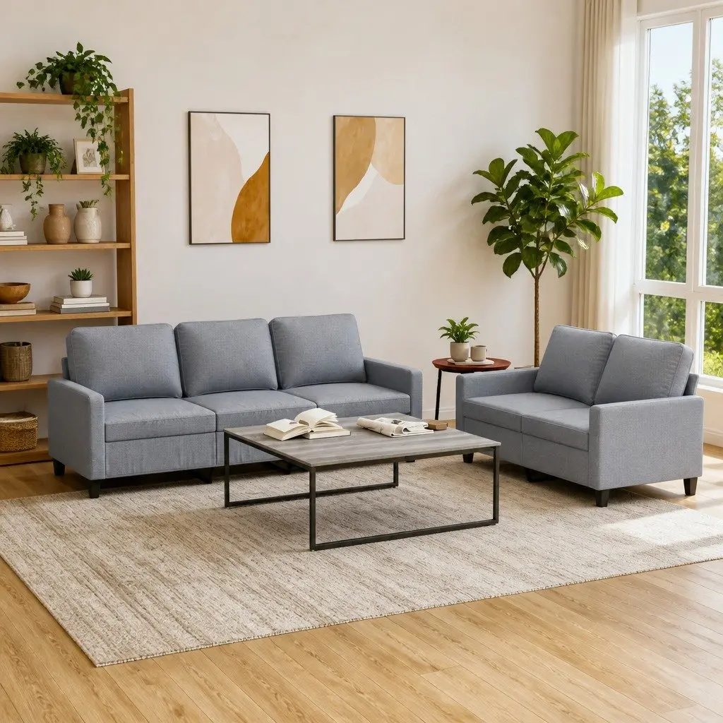 Grey Fabric Sofa Set 2 Piece Lounge Suite Cushions Living Room Seating