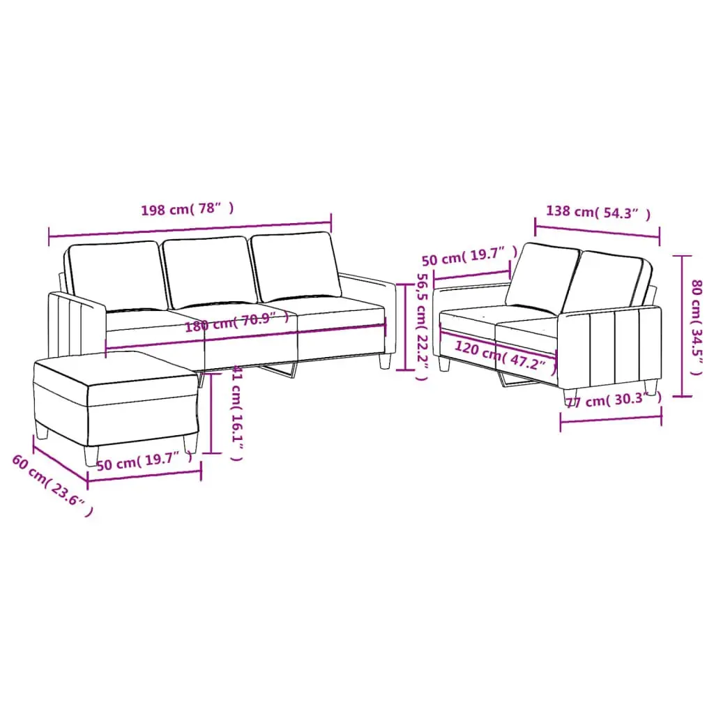 3 Piece Sofa Set with Footstool Grey Fabric Lounge Suite Living Room Furniture