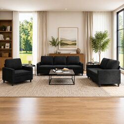 3 Piece Sofa Set Black Velvet Lounge Suite Cushions Living Room Furniture