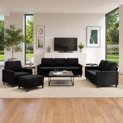 Quality 4 Piece Sofa Set with Footstool in Black Velvet