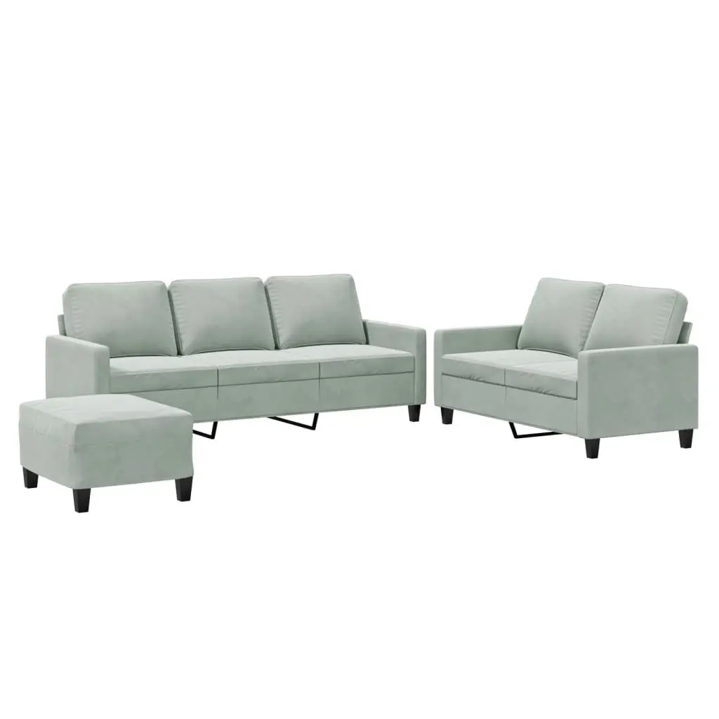 3 Piece Sofa Set Grey Velvet Lounge with Footstool Living Room Furniture