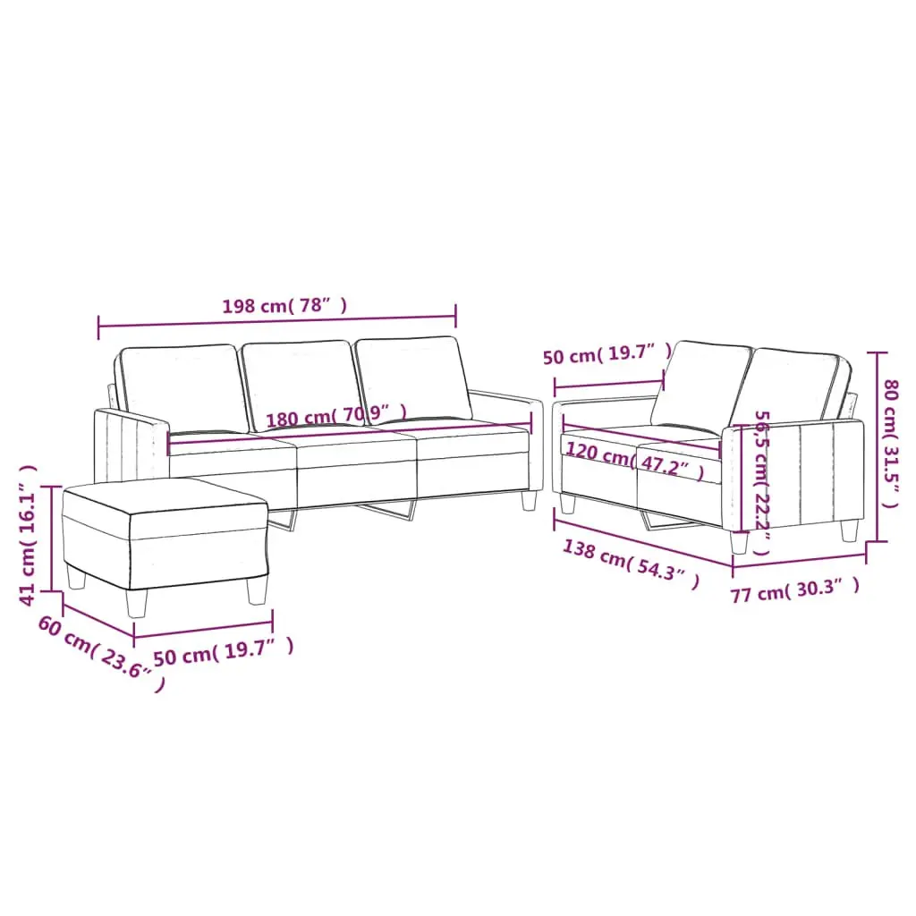 3 Piece Sofa Set Grey Velvet Lounge with Footstool Living Room Furniture